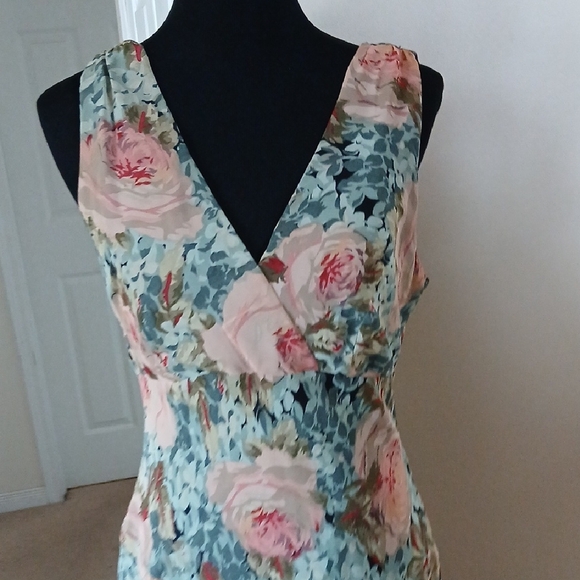 Asymmetrical Floral V-Neck Midi Dress in Teal and Blush - Picture 6 of 14